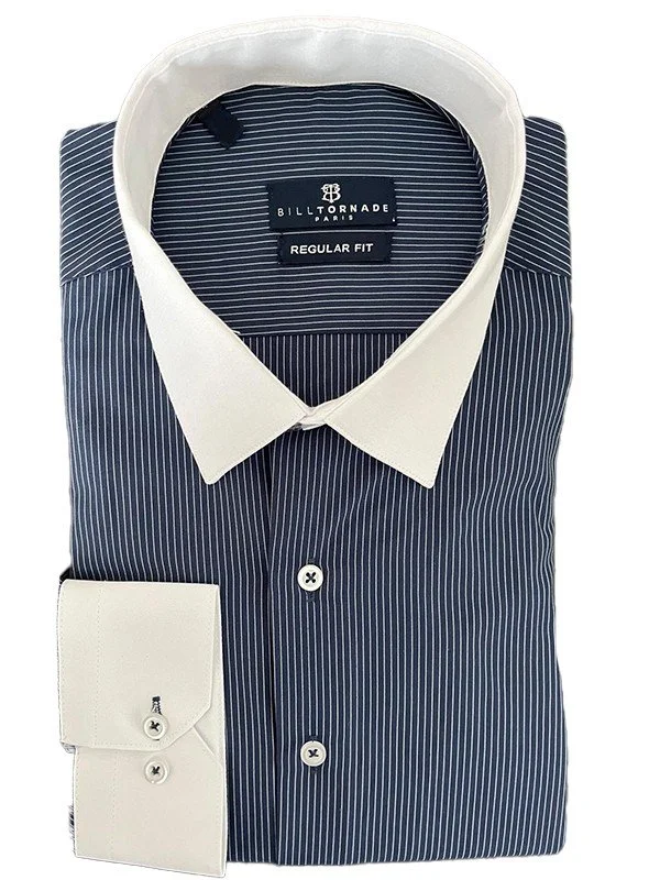 Chemise col blanc à rayures bleu marine régular Bill Tornade