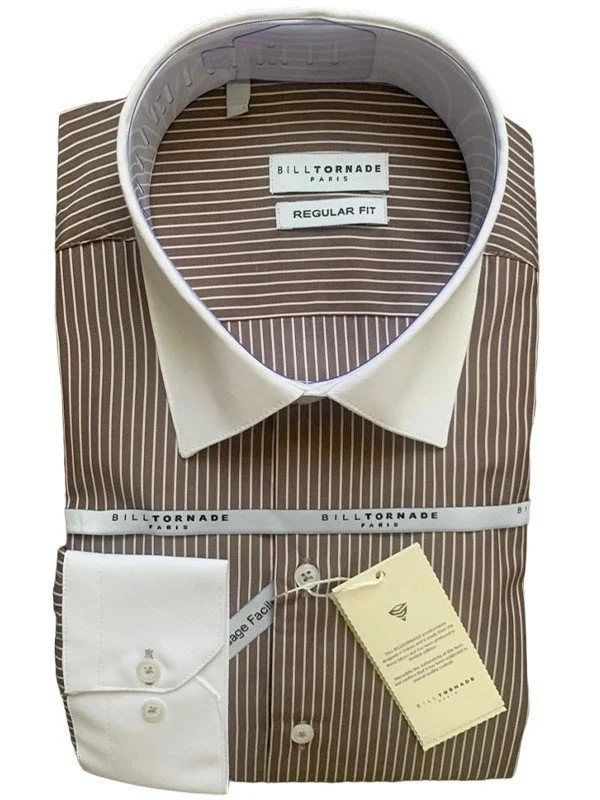 Chemise col blanc à rayures marron Régular Bill Tornade