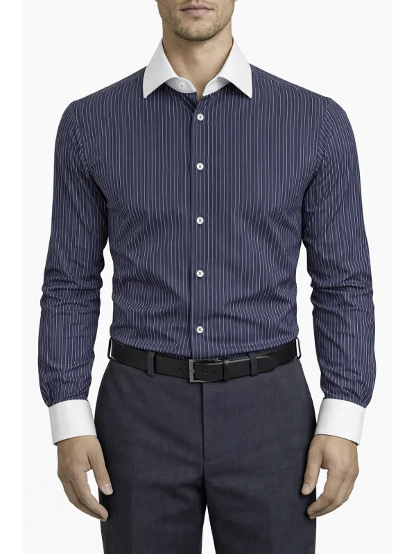 Chemise col blanc à rayures bleu marine régular Bill Tornade