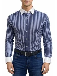 Chemise bleu marine à rayures col blanc Bill Tornade