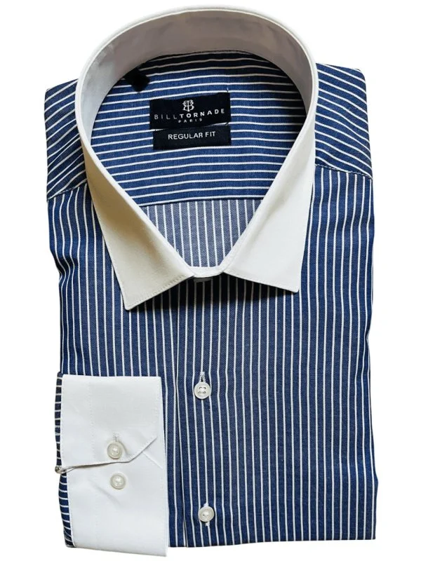 Chemise bleu marine à rayures col blanc Bill Tornade