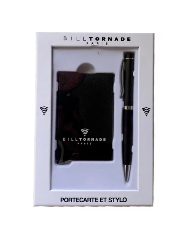 Coffret Porte‑Cartes Aluminium & Stylo Noir – Bill Tornade