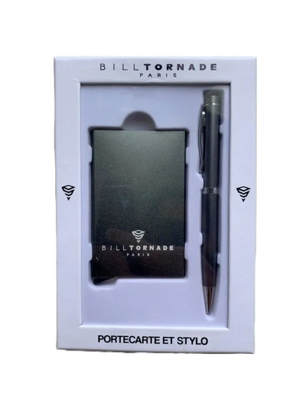 Coffret Porte‑Cartes Aluminium & Stylo Silver – Bill Tornade