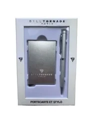 Coffret Porte‑Cartes Aluminium & Stylo Gris – Bill Tornade