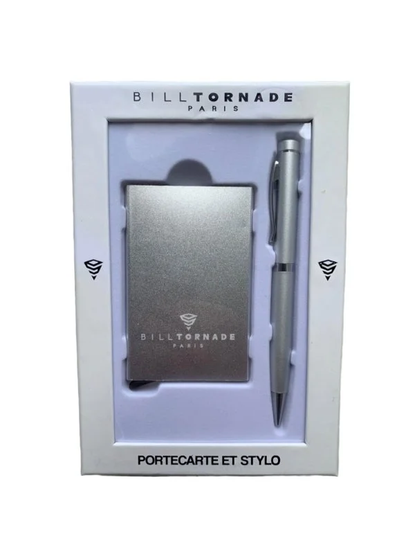 Coffret Porte‑Cartes Aluminium & Stylo Gris – Bill Tornade